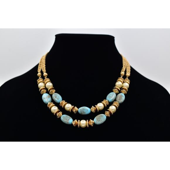 Vendome Vintage Turquoise Cabochon Beaded Necklace Collar Gold Signed 50s BinBN